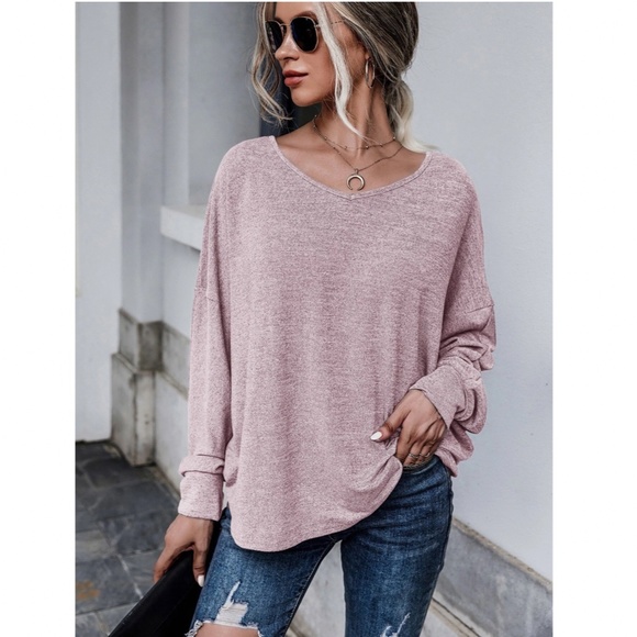 Pink Long Sleeve Tee Shirt V Cut Back Tie Back Long Sleeve Oversized - Picture 6 of 8